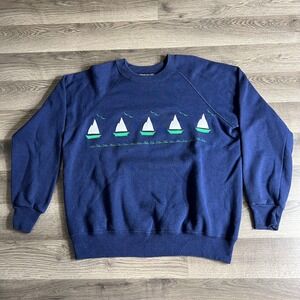VTG Sail Boat Sweatshirt Mens Large Blue Raglan Pullover Embroidered Made in USA